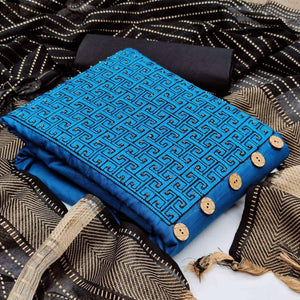 Beautiful Firozi Coloured Casual Wear Embroidered Cotton Dress Material - Peachmode