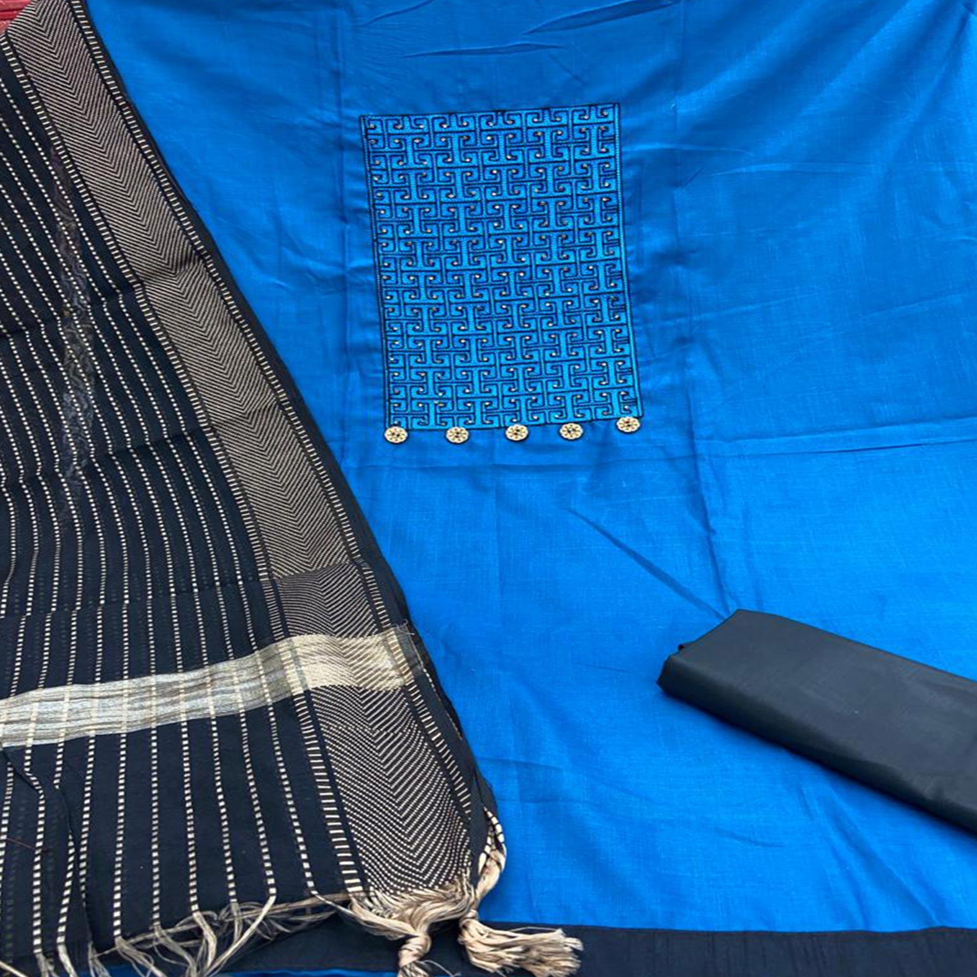 Beautiful Firozi Coloured Casual Wear Embroidered Cotton Dress Material - Peachmode