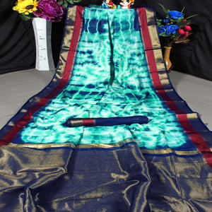 Beautiful Green - Blue Colored Festive Wear Woven Tussar Silk Saree - Peachmode