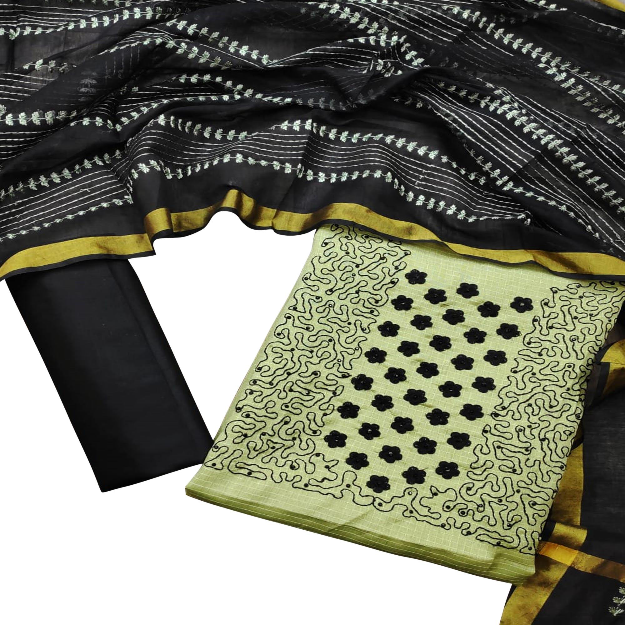 Beautiful Green Colored Casual Wear Embroidered Manipuri Silk Dress Material - Peachmode