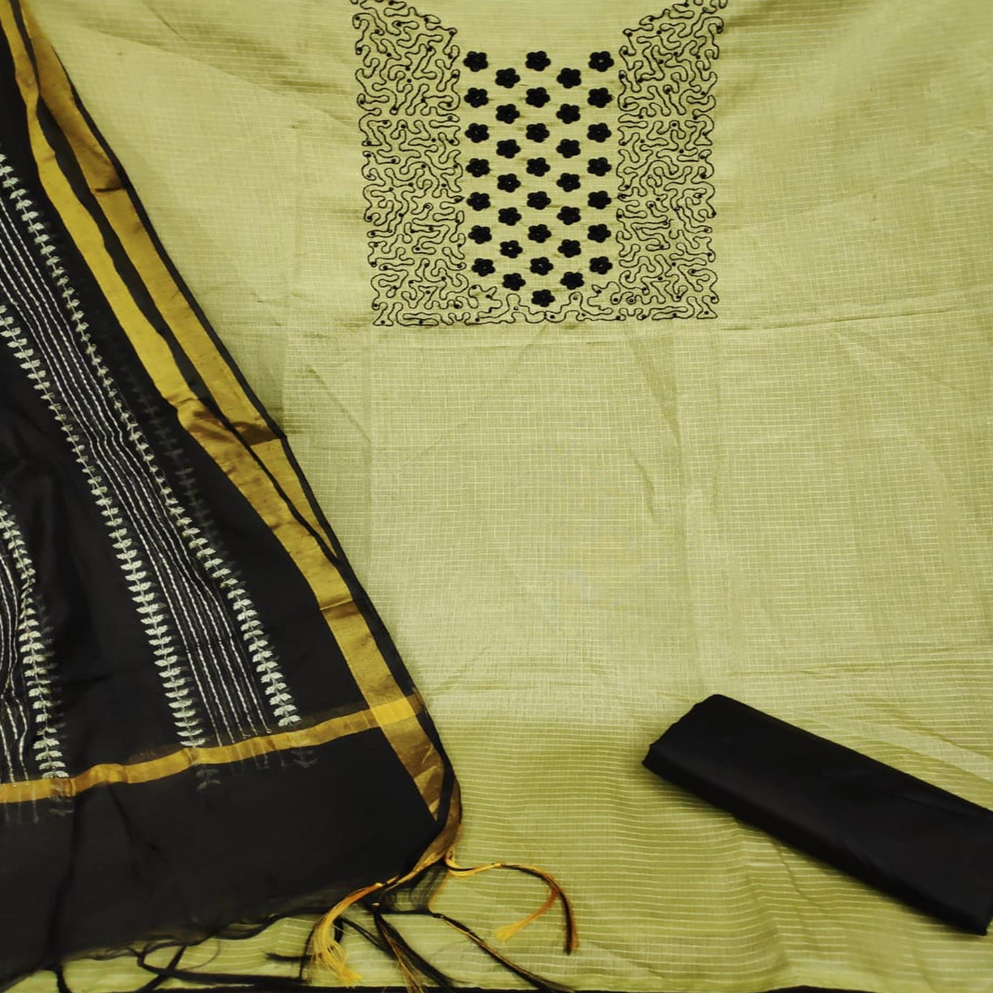 Beautiful Green Colored Casual Wear Embroidered Manipuri Silk Dress Material - Peachmode