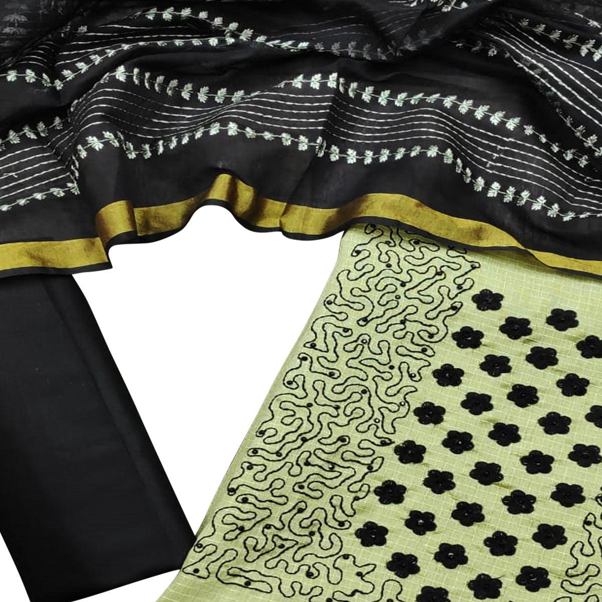 Beautiful Green Colored Casual Wear Embroidered Manipuri Silk Dress Material - Peachmode