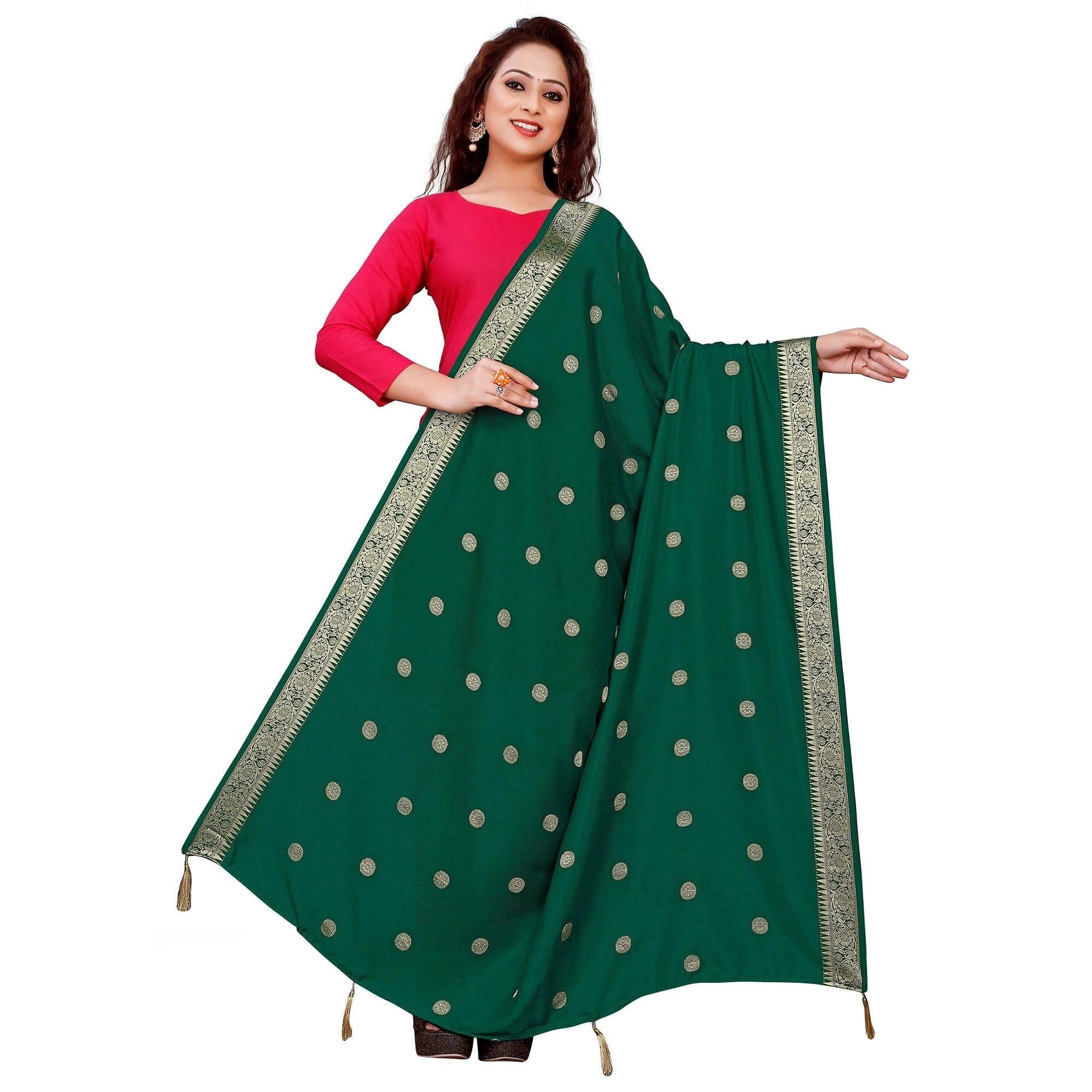 Beautiful Green Colored Festive Wear Woven Art Silk-Viscose Dupatta With Tassels - Peachmode
