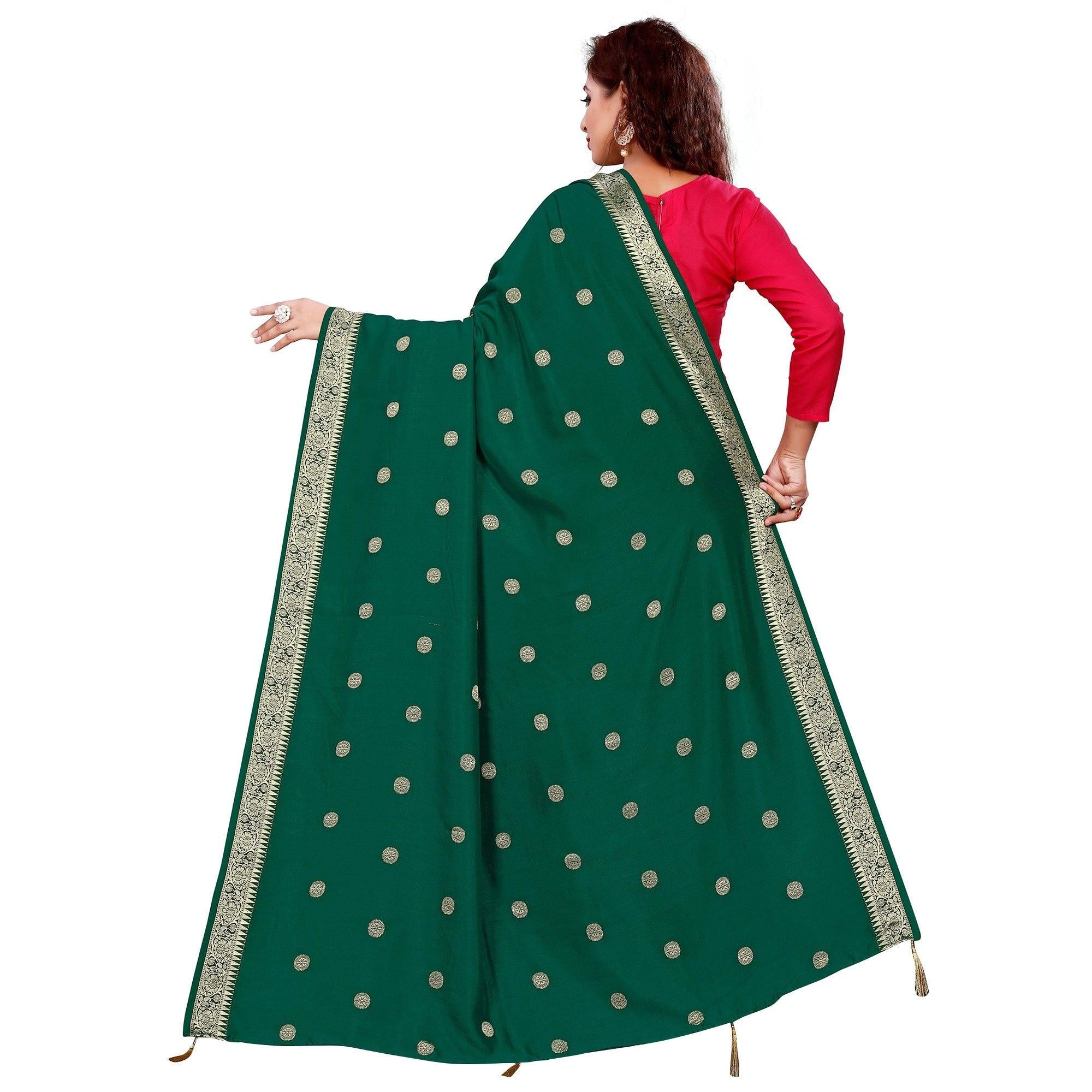 Beautiful Green Colored Festive Wear Woven Art Silk-Viscose Dupatta With Tassels - Peachmode