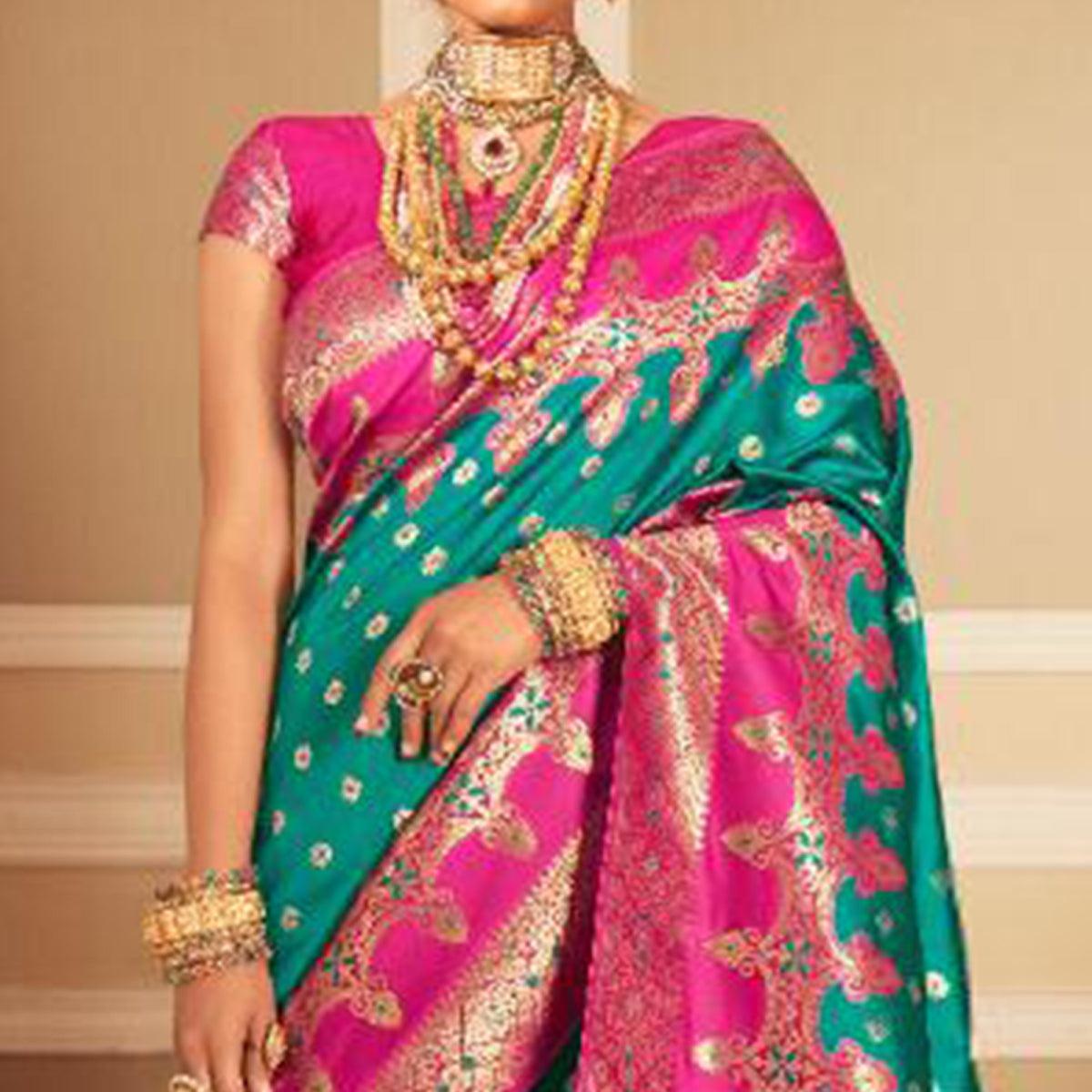 Beautiful Green Colored Festive Wear Woven Banarasi Silk Saree - Peachmode