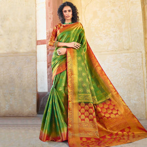 Beautiful Green Colored Festive Wear Woven Silk Saree - Peachmode