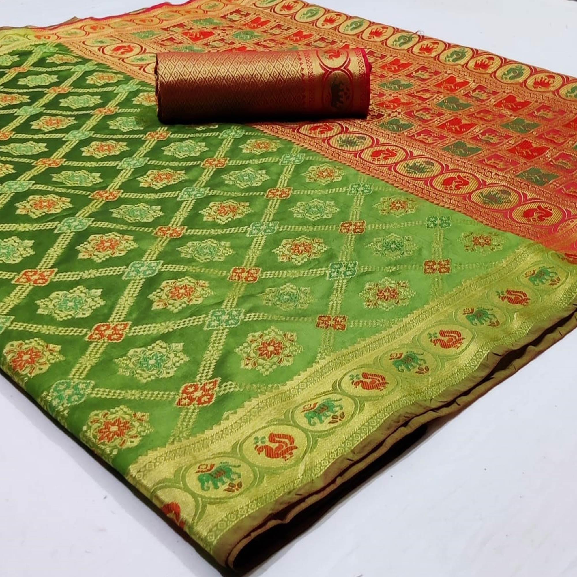 Beautiful Green Colored Festive Wear Woven Silk Saree - Peachmode