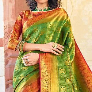 Beautiful Green Colored Festive Wear Woven Silk Saree - Peachmode