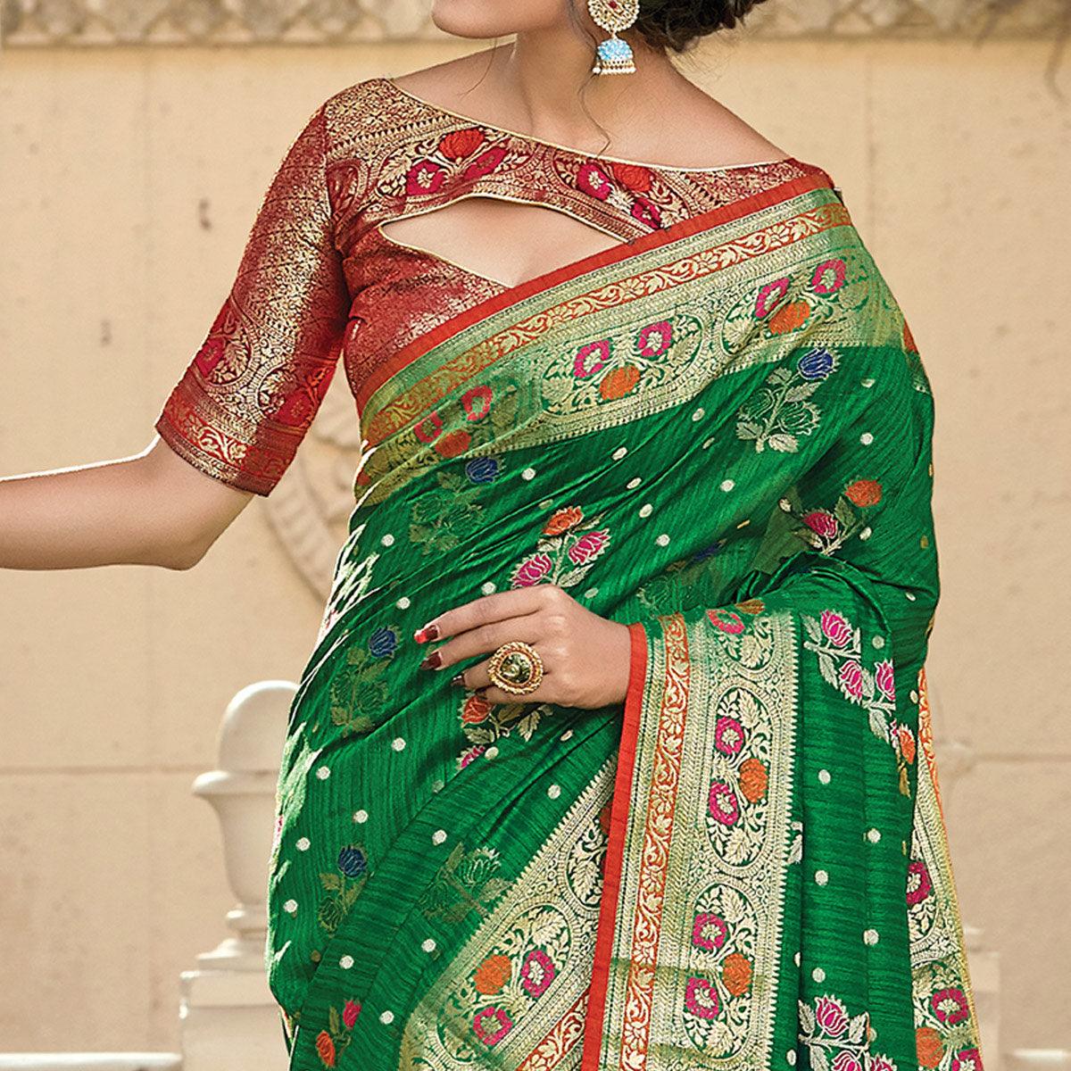 Beautiful Green Colored Festive Wear Woven Silk Saree - Peachmode
