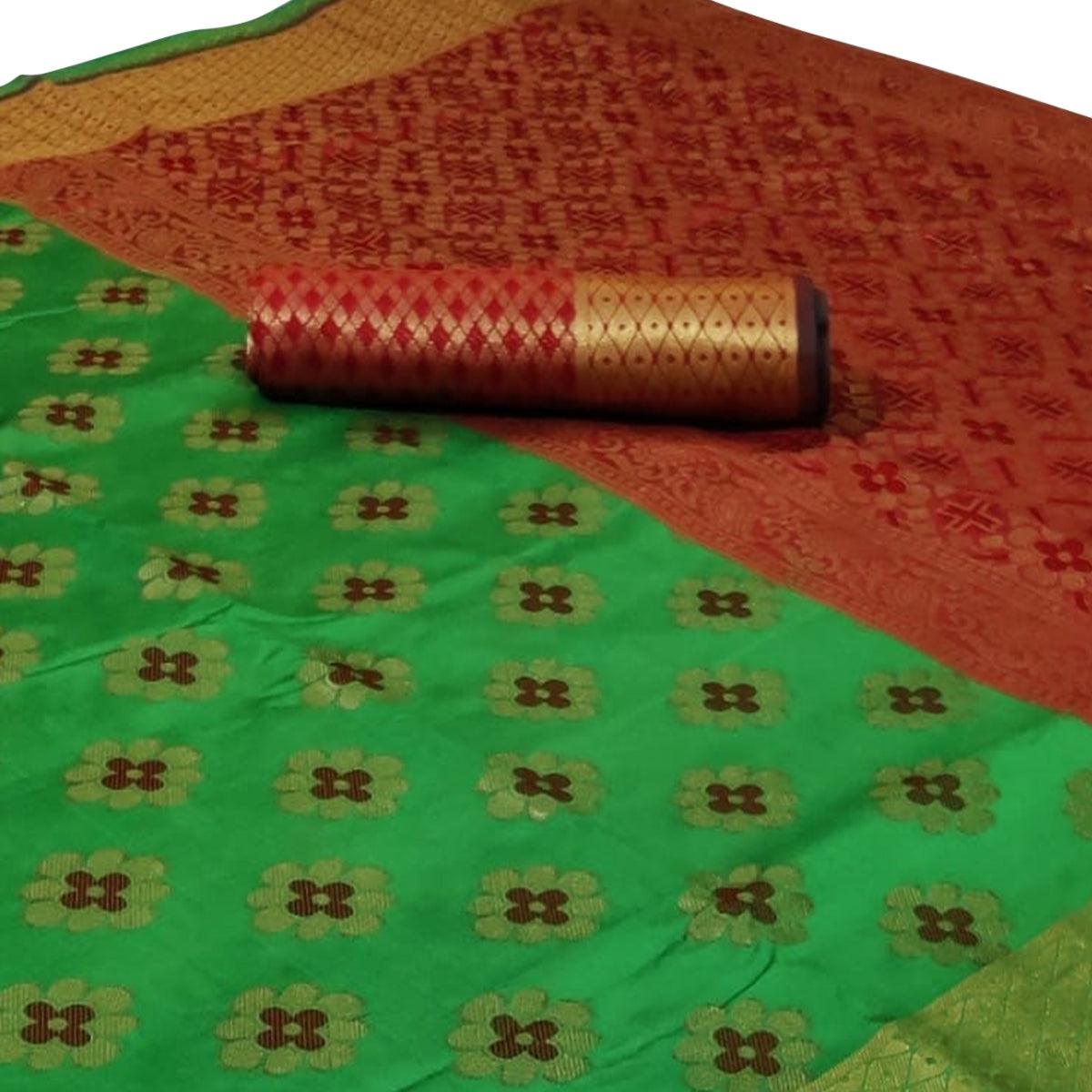 Beautiful Green Colored Festive Wear Woven Silk Saree - Peachmode