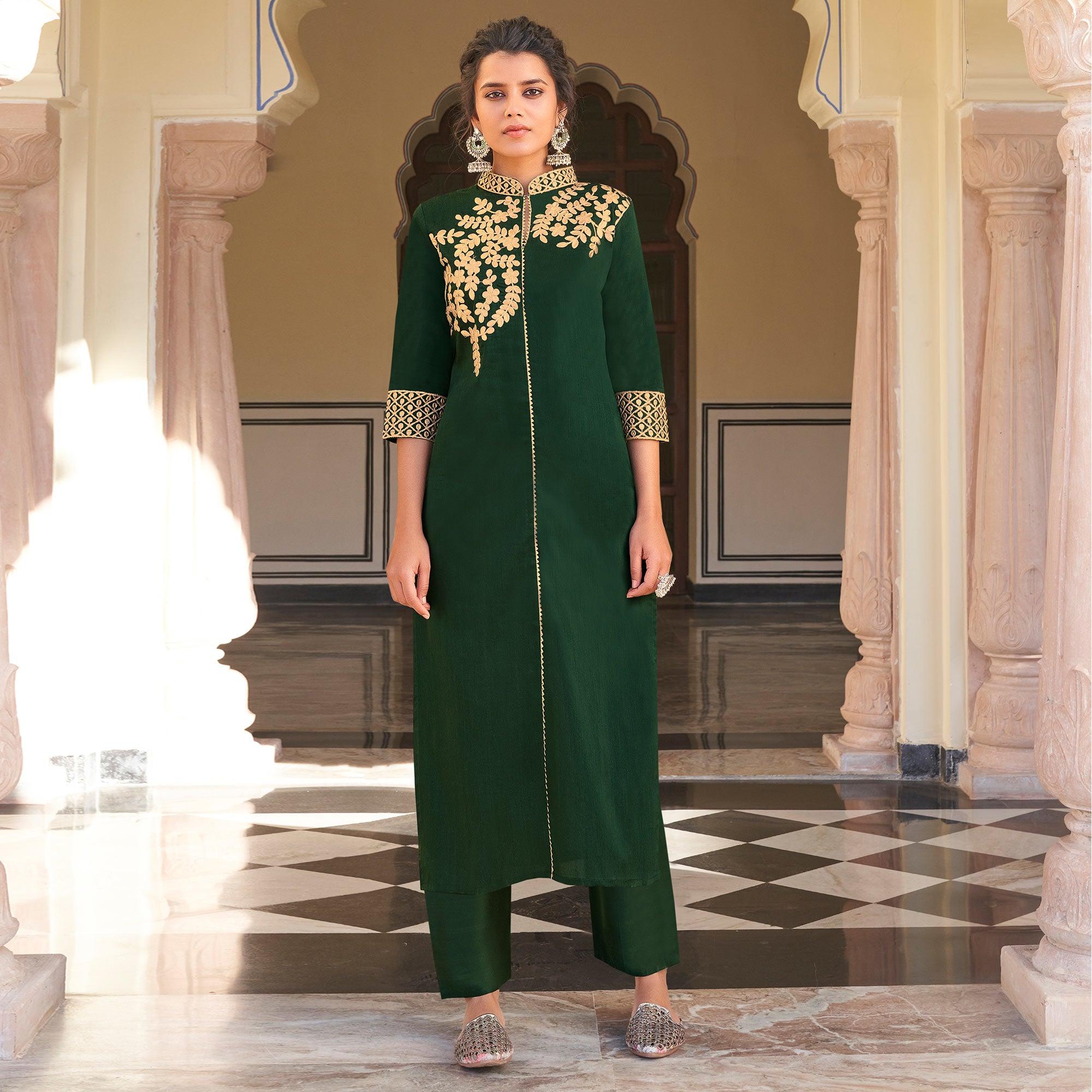 Beautiful Green Colored Partywear Embroidered Pure Viscose Santoori Kurti - Palazzo Set - Peachmode