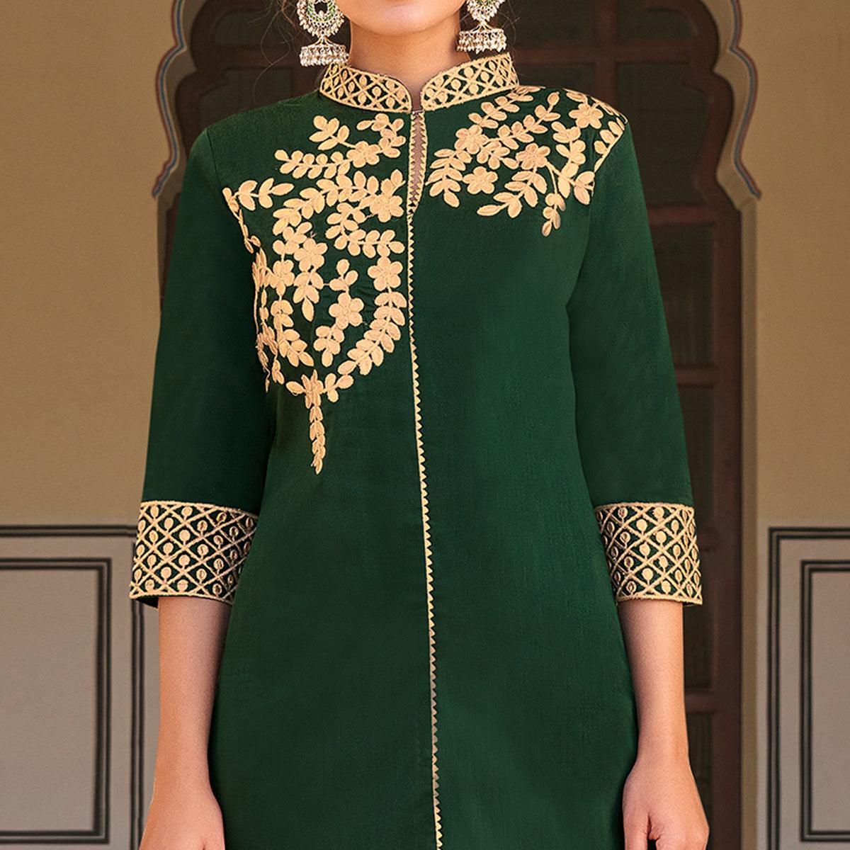 Beautiful Green Colored Partywear Embroidered Pure Viscose Santoori Kurti - Palazzo Set - Peachmode