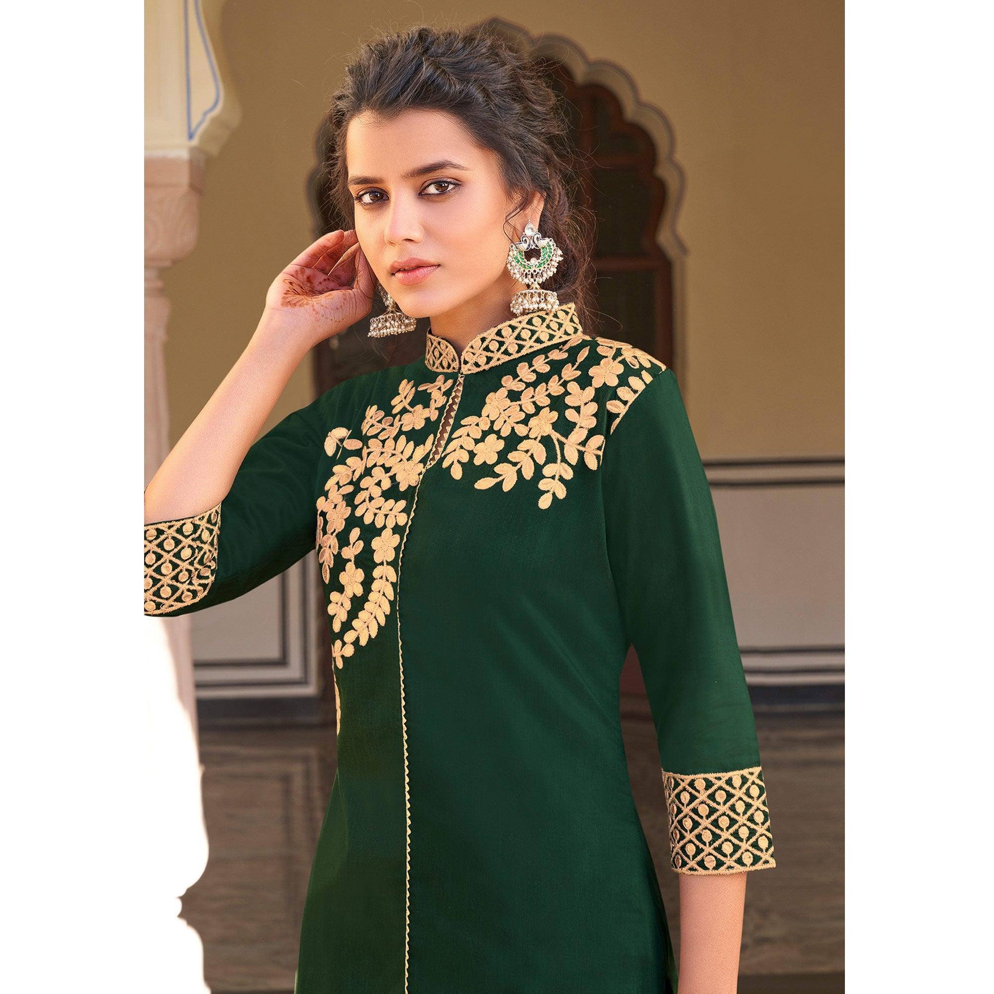 Beautiful Green Colored Partywear Embroidered Pure Viscose Santoori Kurti - Palazzo Set - Peachmode