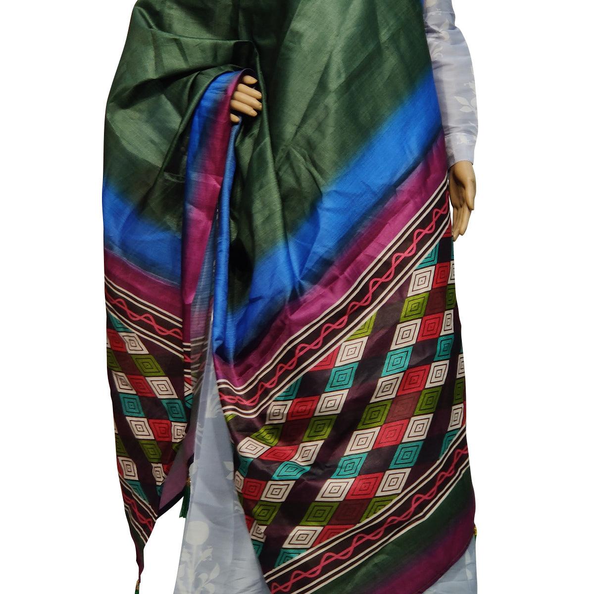 Beautiful Green-Multi Colored Casual Wear Printed Cotton Silk Dupatta With Tassels - Peachmode