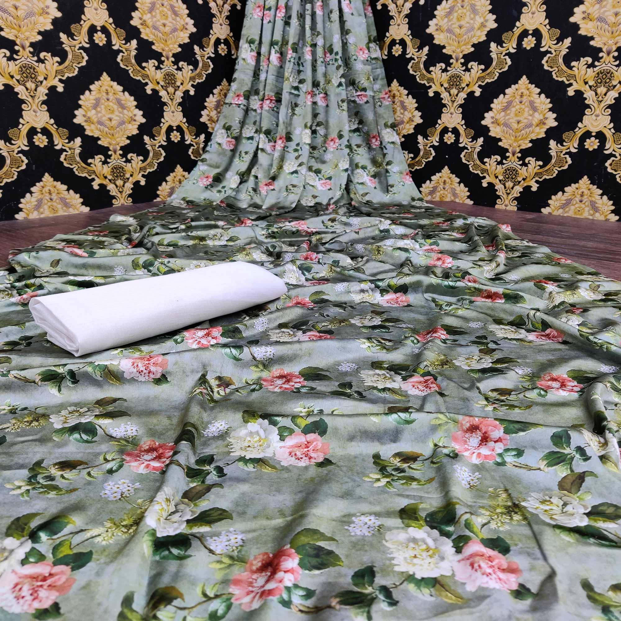 Beautiful Green-White  Colored Casual Wear Digital Floral Printed Satin Saree - Peachmode