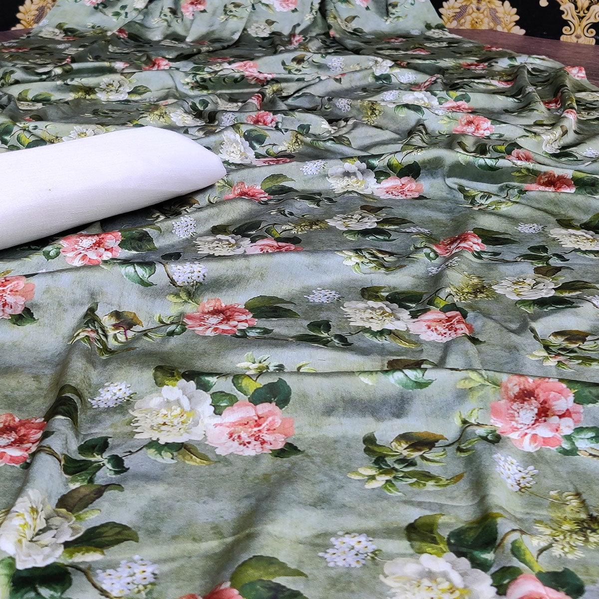Beautiful Green-White  Colored Casual Wear Digital Floral Printed Satin Saree - Peachmode