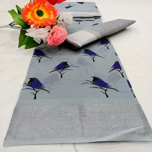 Beautiful Grey Colored Casual Wear Sparrow Block Printed Cotton Linen Saree - Peachmode
