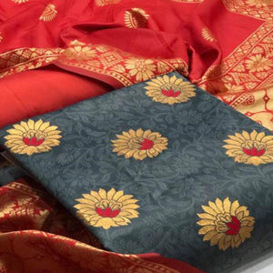 Beautiful Grey Colored Casual Wear Woven Banarasi Silk Dress Material - Peachmode