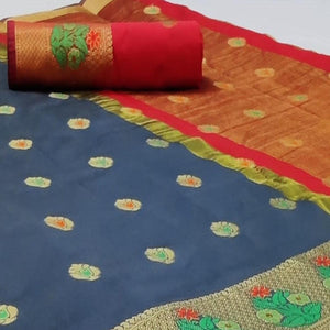 Beautiful Grey Colored Festive Wear Woven Soft Silk Saree - Peachmode