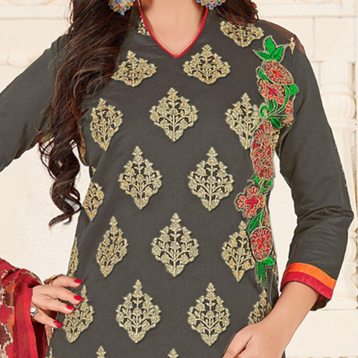 Beautiful Grey Colored Partywear Embroidered Chanderi Suit - Peachmode
