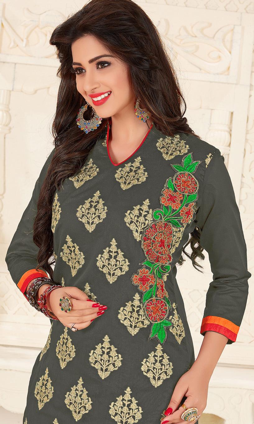 Beautiful Grey Colored Partywear Embroidered Chanderi Suit - Peachmode
