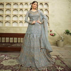 Beautiful Grey Coloured Partywear Embroidered Net Anarkali Suit - Peachmode
