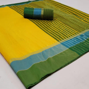 Beautiful Lemon Yellow Colored Festive Wear Woven Cotton Saree - Peachmode