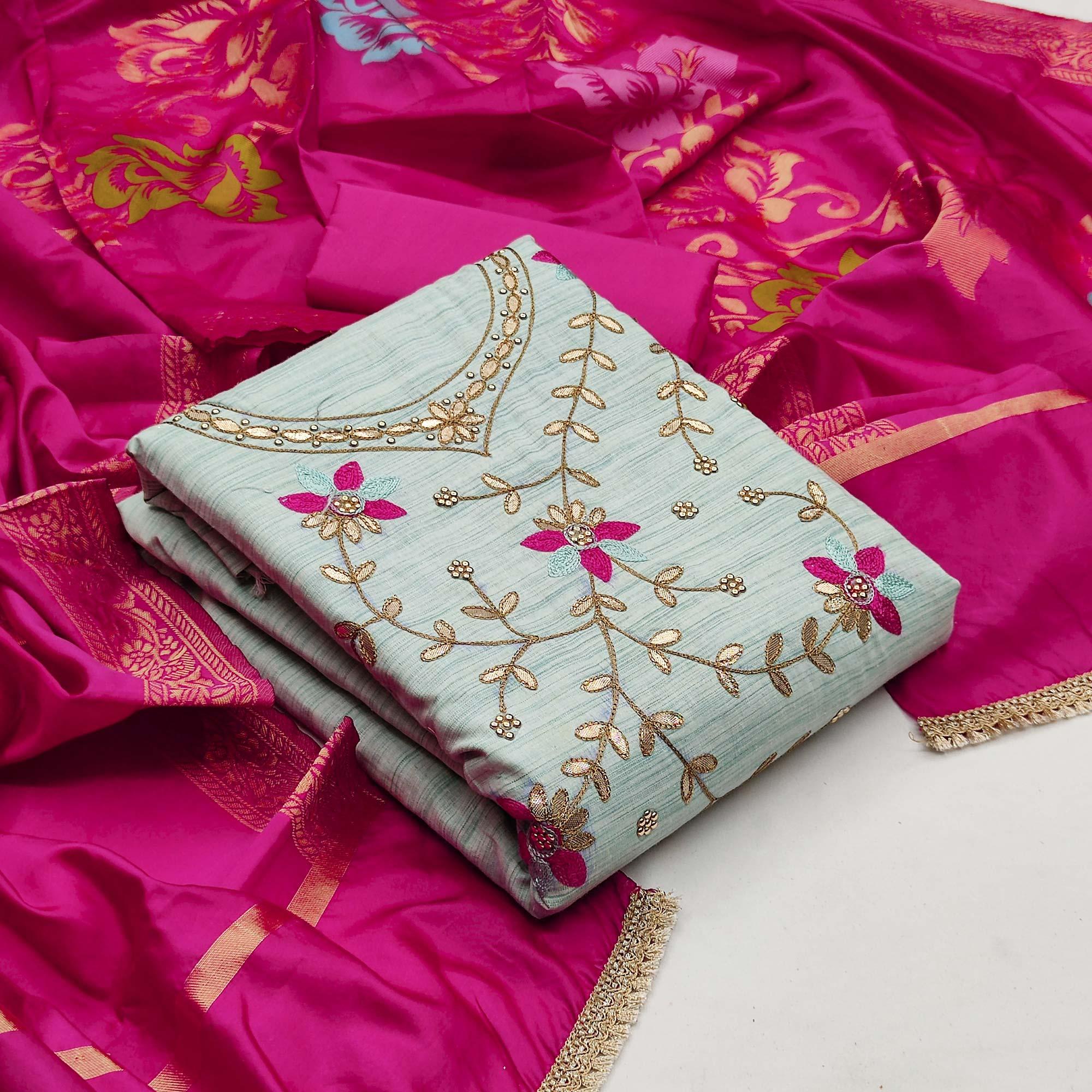 Beautiful Light Blue Colored Festive Wear Embroidered Handloom Cotton Dress Material - Peachmode