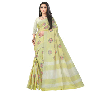 Beautiful Light Olive Green Colored Party Wear Block Print Linen Saree - Peachmode