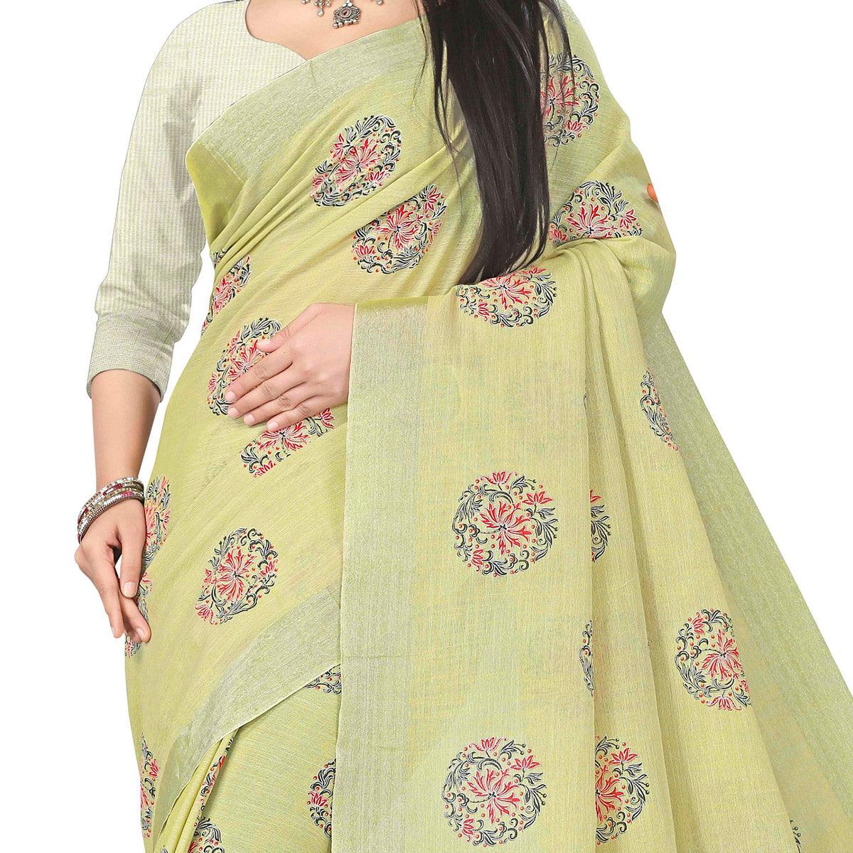 Beautiful Light Olive Green Colored Party Wear Block Print Linen Saree - Peachmode