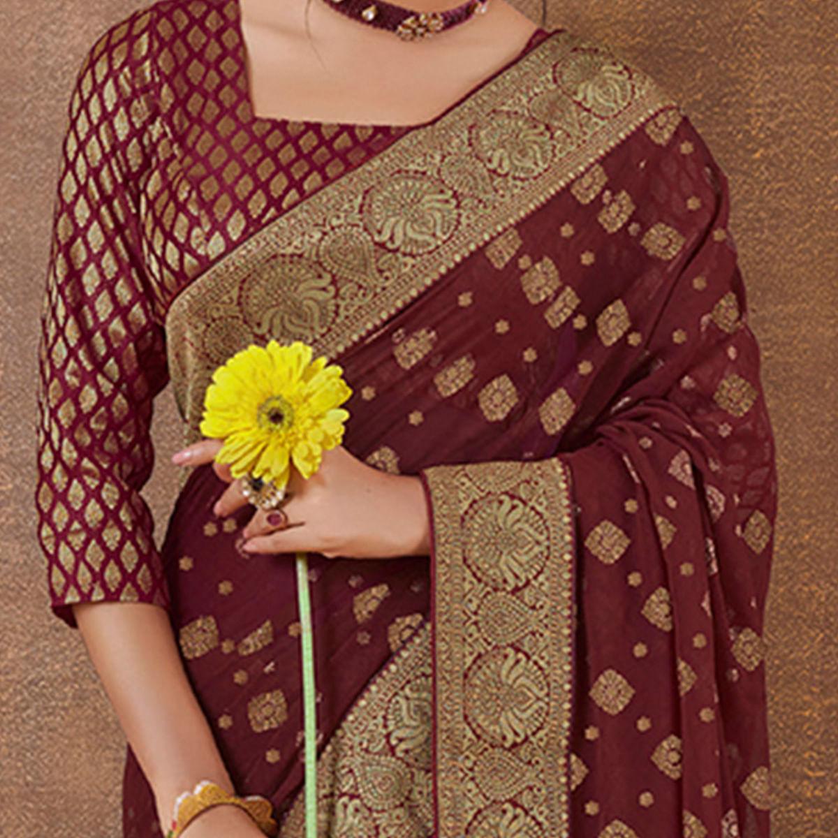 Beautiful Maroon Colored Festive Wear Foil Printed Georgette Saree - Peachmode