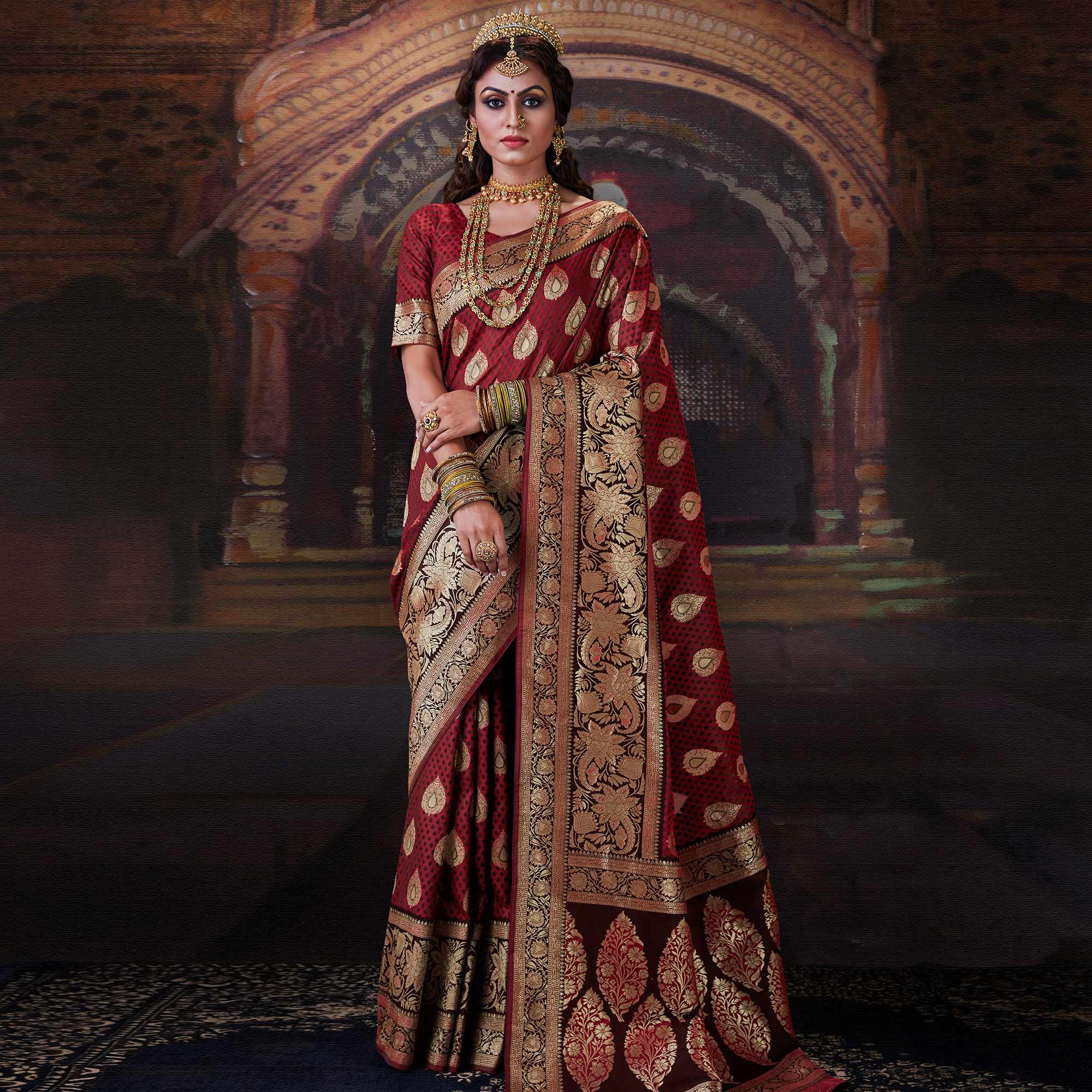 Beautiful Maroon Colored Festive Wear Woven Banarasi Silk Saree - Peachmode