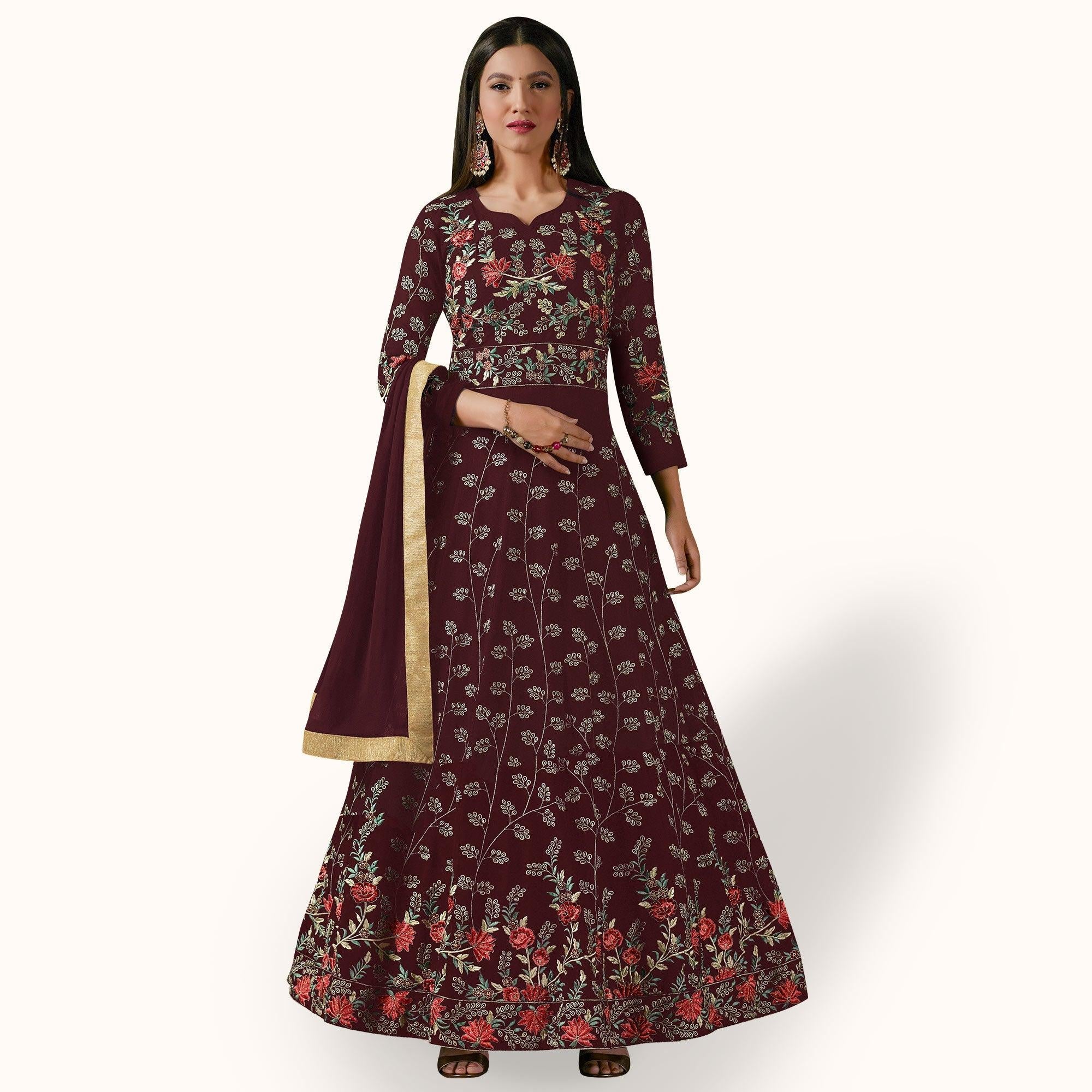 Beautiful Maroon Colored Partywear Designer Embroidered Georgette Anarkali Suit - Peachmode