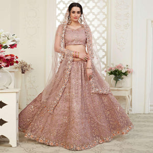 Beautiful Mauve Colored Cording Thread & Sequence Embroidery Designer Wedding Wear Net With Banglori Silk Lehenga Choli - Peachmode