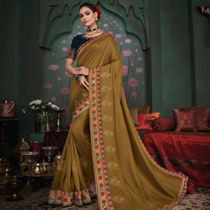 Beautiful Mehndi Green Colored Festive Wear Embroidered Heavy Border Silk Saree - Peachmode