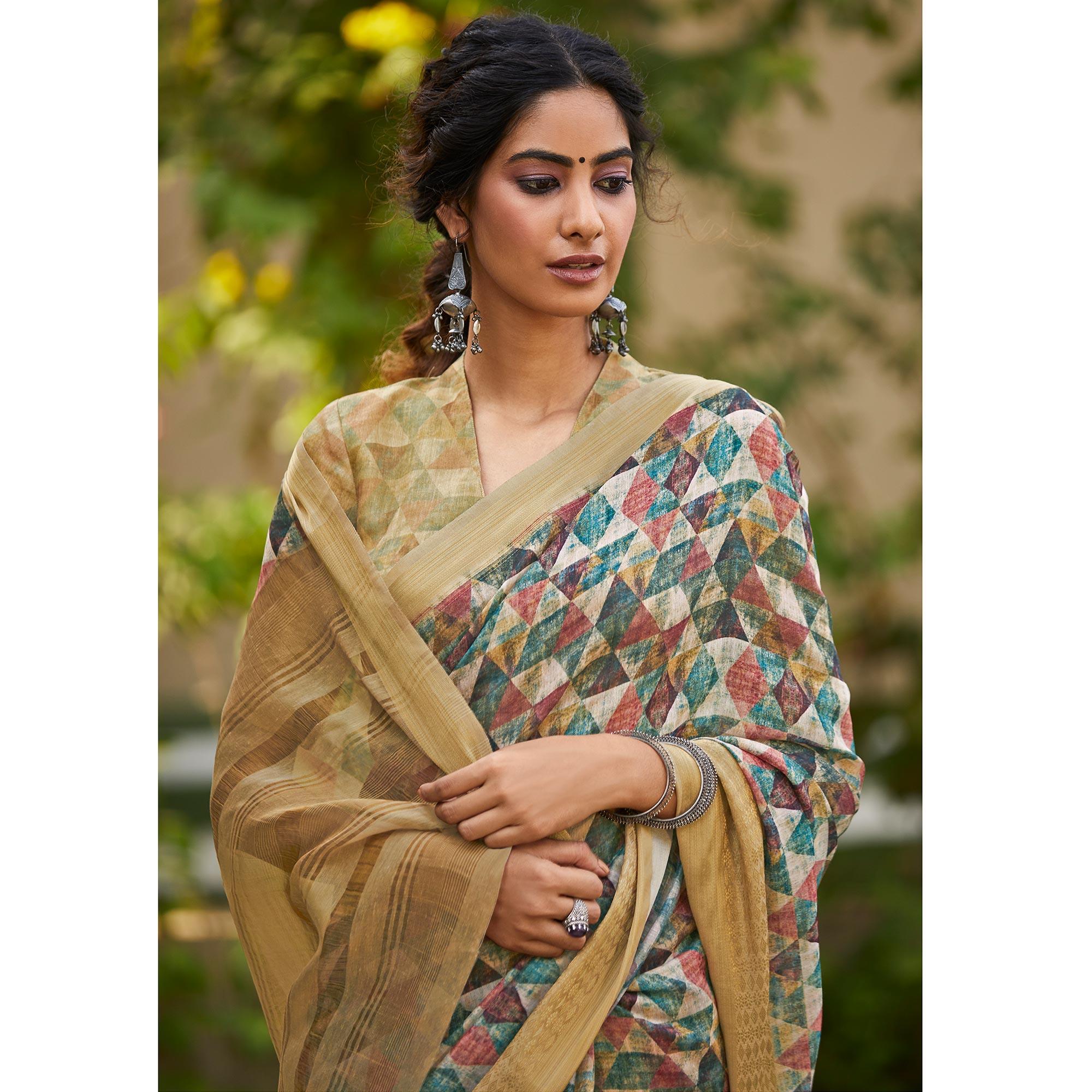 Beautiful Multi Colored Party Wear Digital Printed Linen Saree - Peachmode