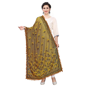 Beautiful Mustard Colored Floral Jacqaurd Pattern With Lace Soft Lycra Women Dupatta - Peachmode