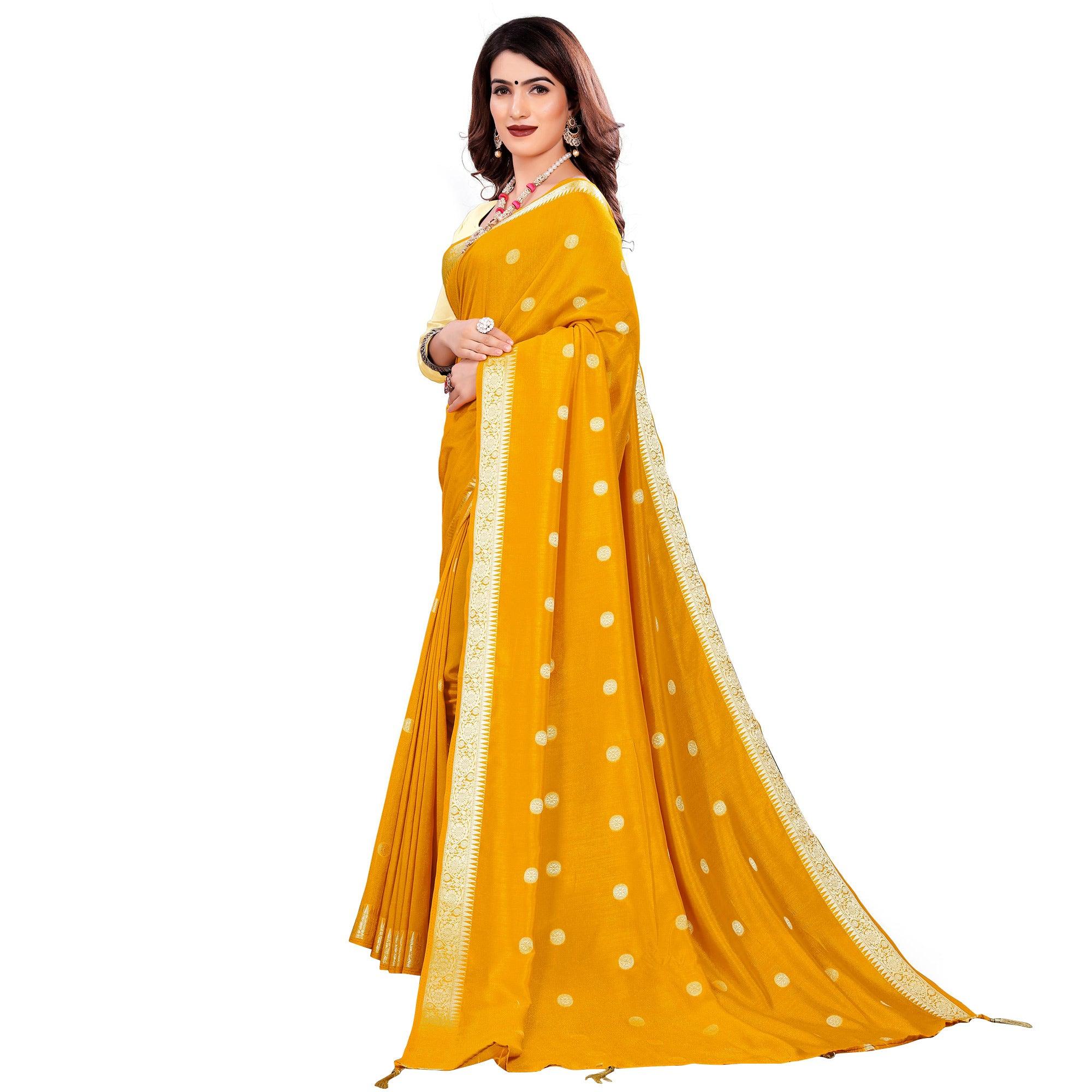 Beautiful Mustard Yellow Colored Casual Wear Embroidered Art Silk Saree With Tassels - Peachmode