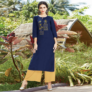 Beautiful Navy Blue Colored Casual Wear Embroidered Cotton Sulb Kurti - Peachmode