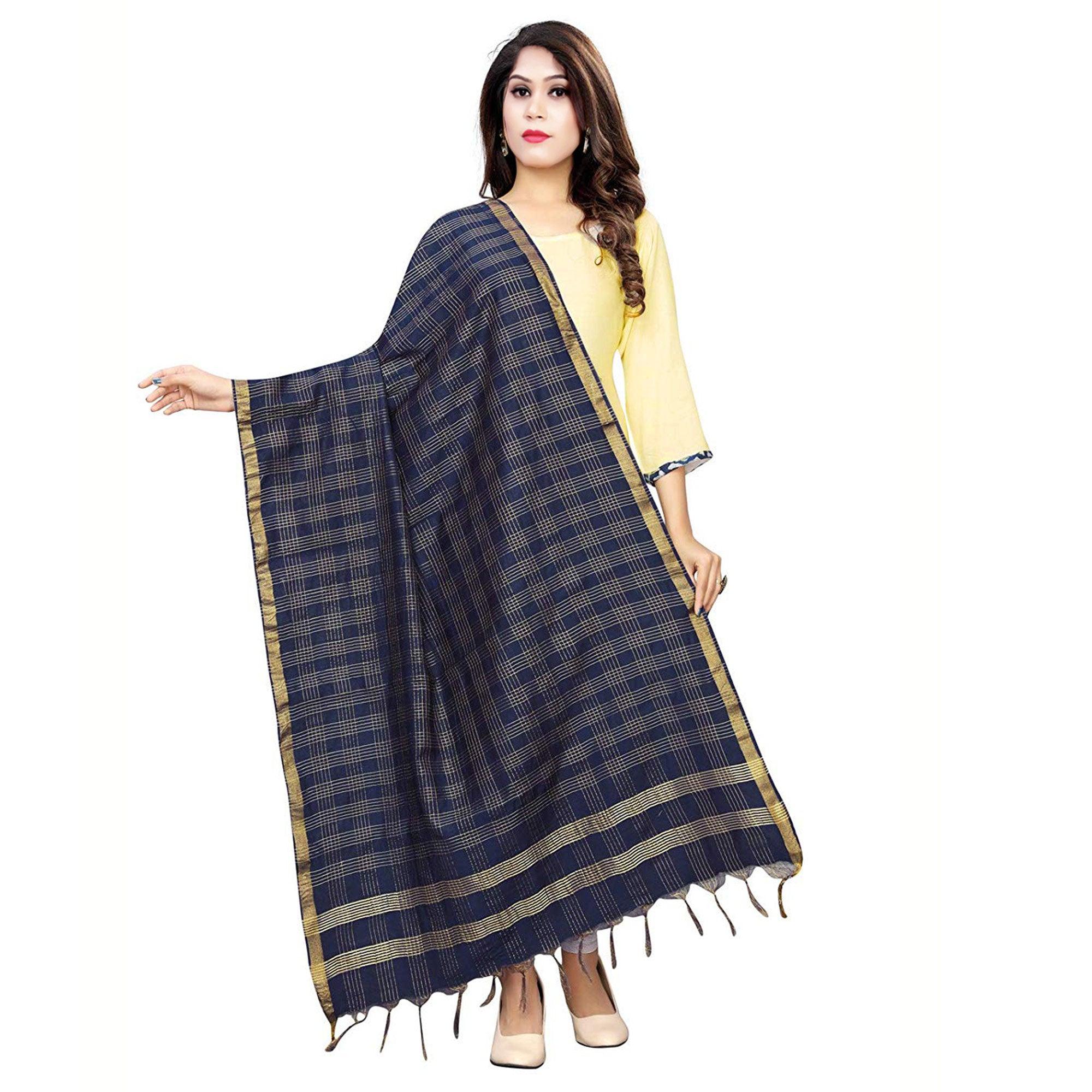 Beautiful Navy Blue Colored Festive Wear Cotton Silk Dupatta - Peachmode