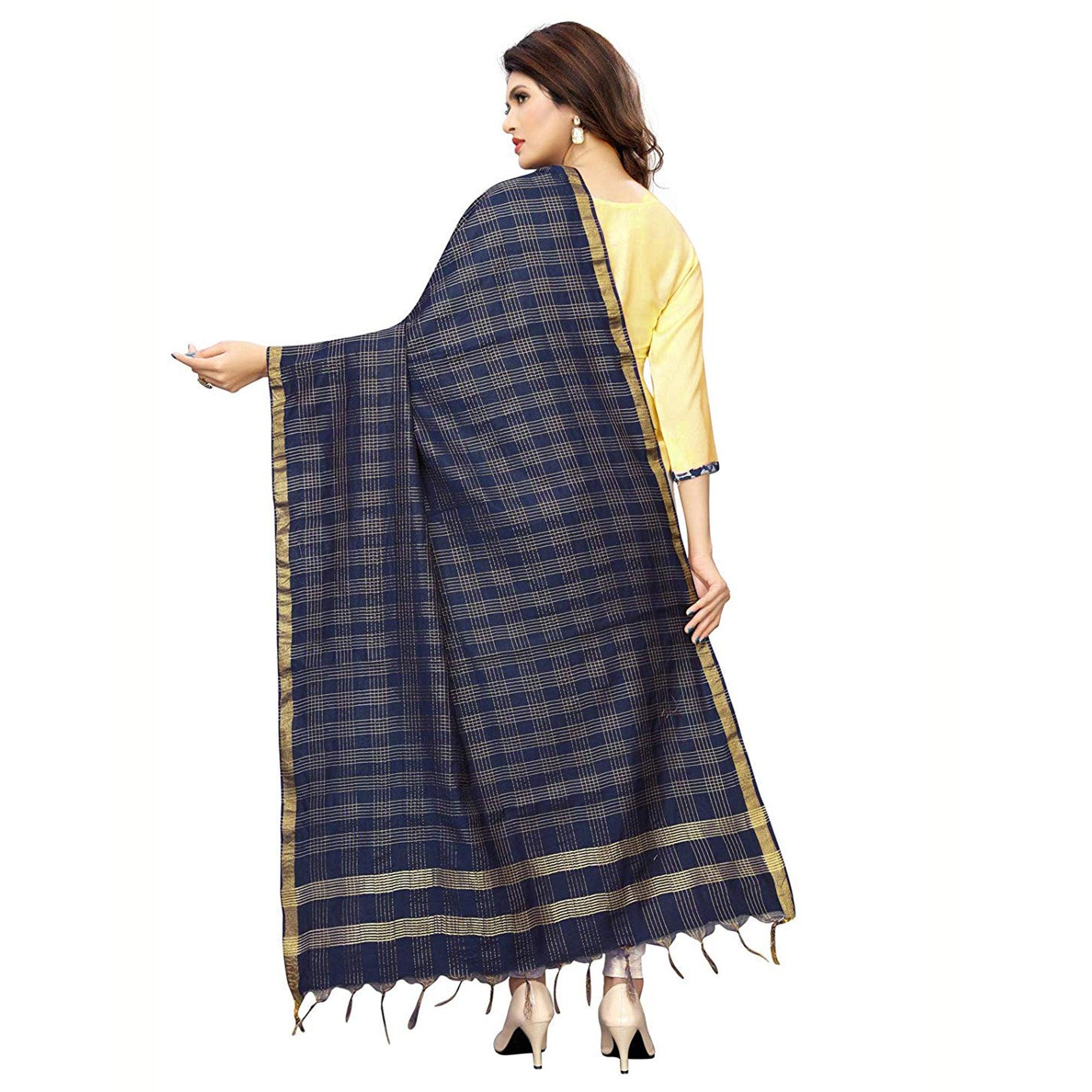Beautiful Navy Blue Colored Festive Wear Cotton Silk Dupatta - Peachmode