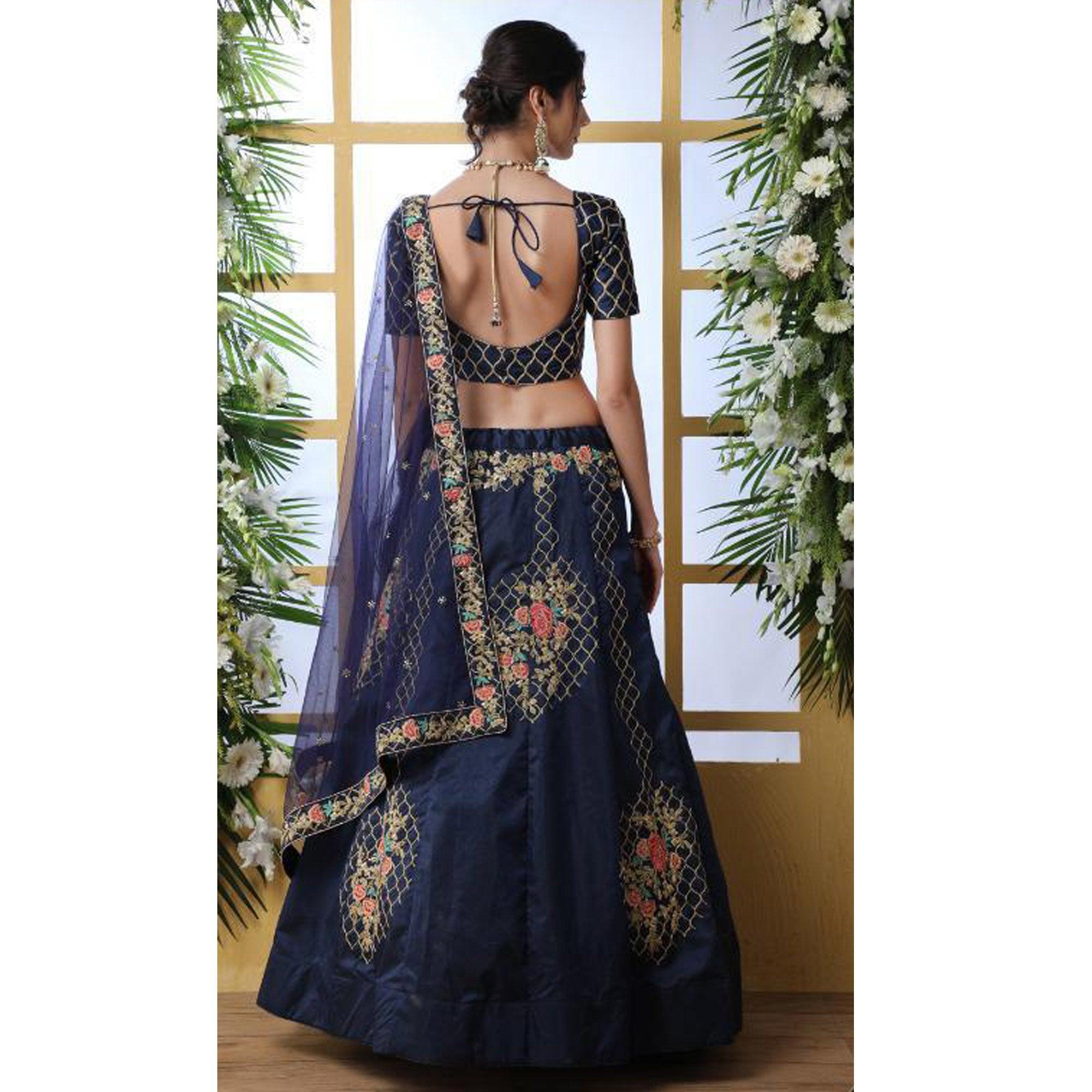 Beautiful Navy Blue Colored Party Wear Embrodiered Art Silk Lehenga Choli - Peachmode