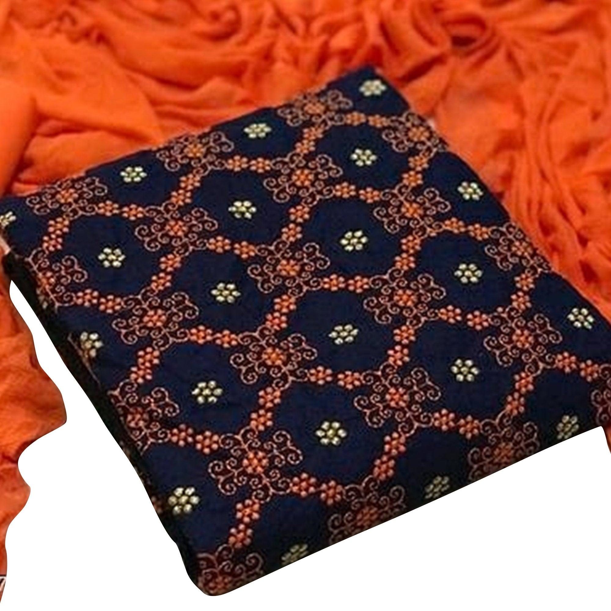 Beautiful Navy Blue-Orange Colored Partywear Embroidered Cotton Dress Material - Peachmode