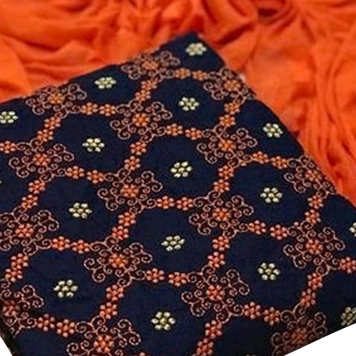 Beautiful Navy Blue-Orange Colored Partywear Embroidered Cotton Dress Material - Peachmode