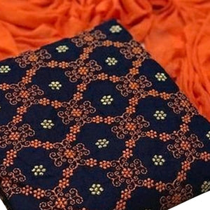 Beautiful Navy Blue-Orange Colored Partywear Embroidered Cotton Dress Material - Peachmode