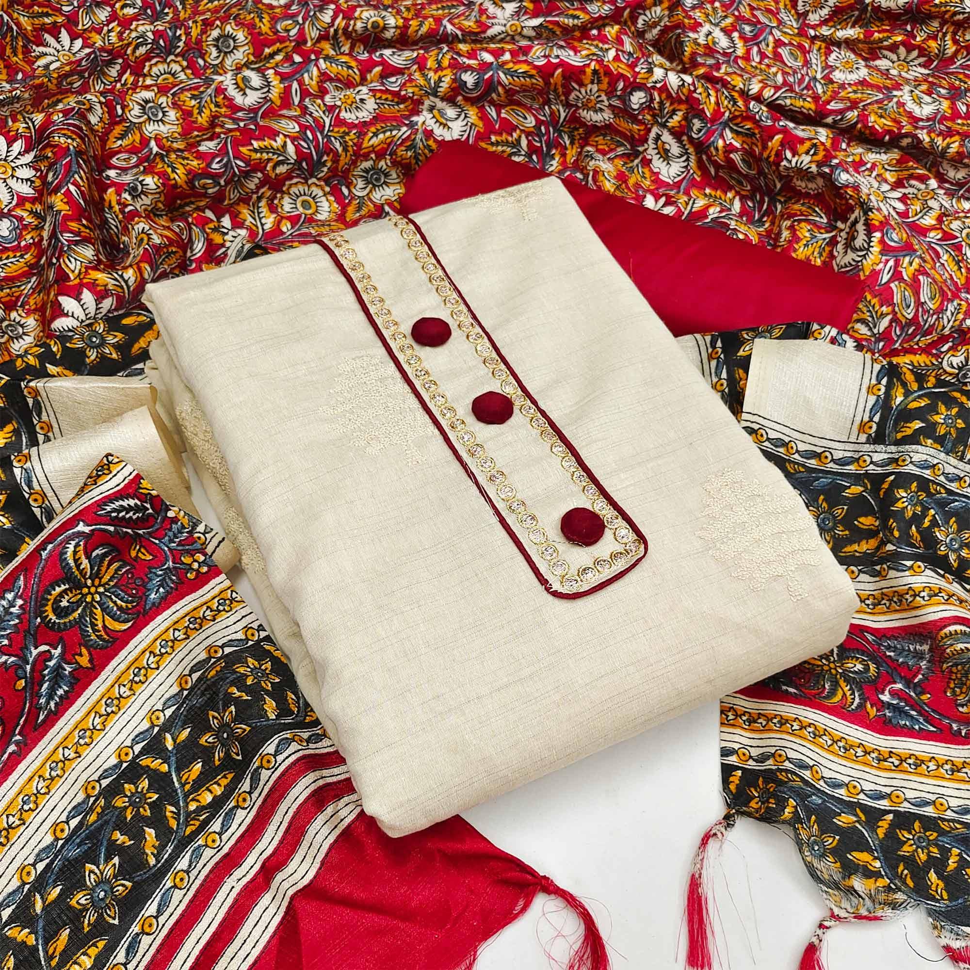 Beautiful Off White-Maroon Colored Casual Embroidered Cotton Dress Material - Peachmode