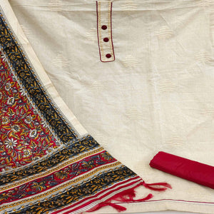 Beautiful Off White-Maroon Colored Casual Embroidered Cotton Dress Material - Peachmode