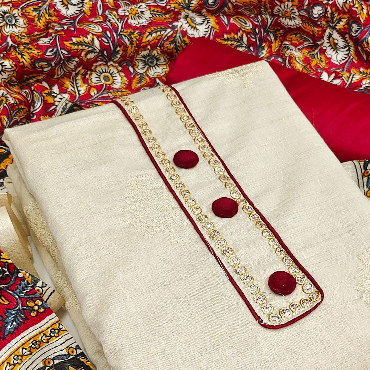 Beautiful Off White-Maroon Colored Casual Embroidered Cotton Dress Material - Peachmode