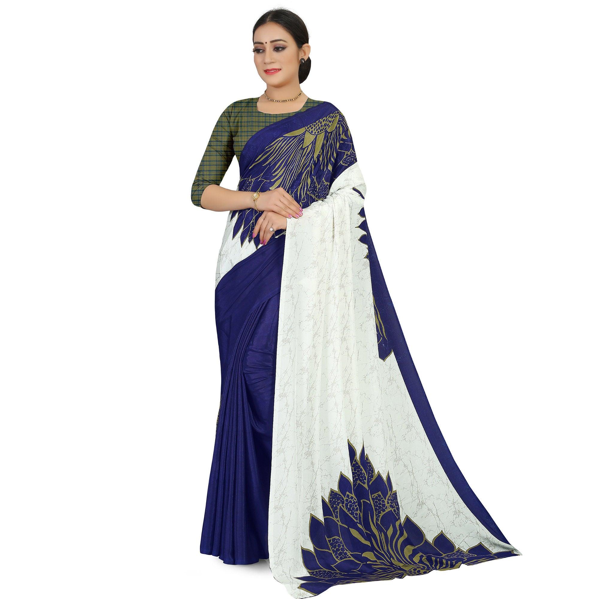 Beautiful Offwhite - Blue Colored Casual Wear Printed Satin Saree - Peachmode