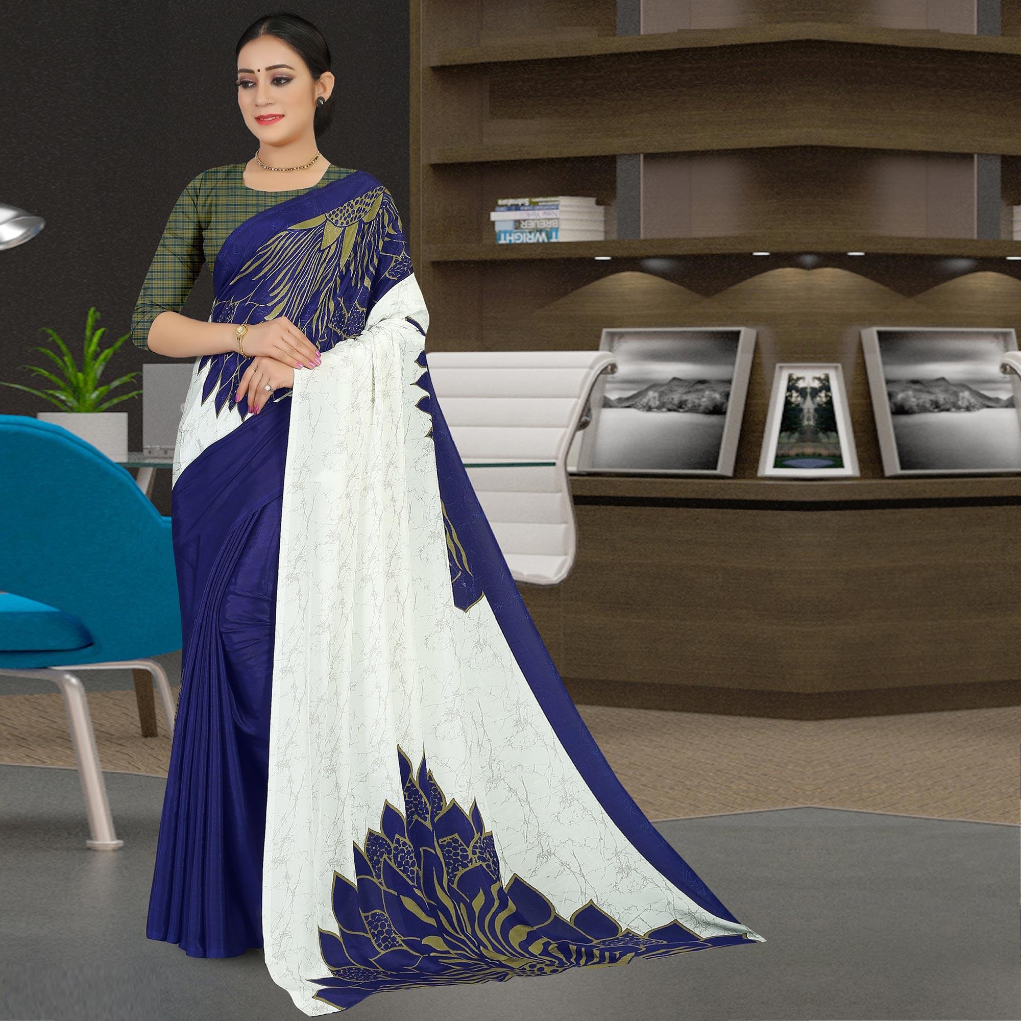 Beautiful Offwhite - Blue Colored Casual Wear Printed Satin Saree - Peachmode